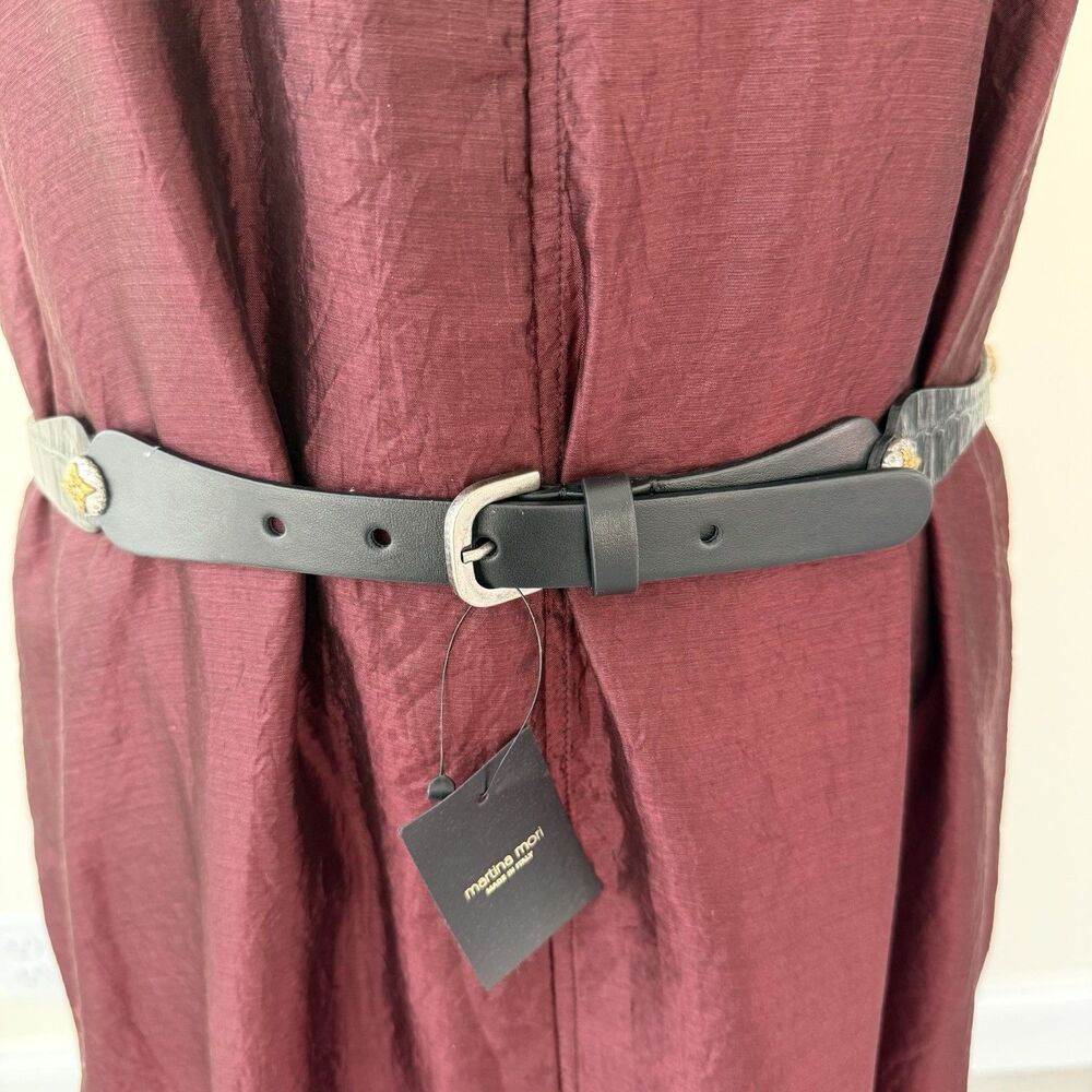 MARTINA MORI Black Genuine Leather Belt Medium ITALY NWT Silver Gold Medallions
